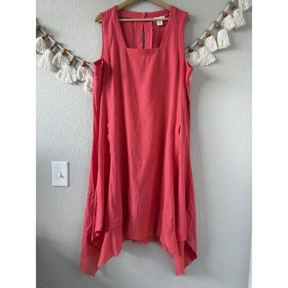 Cynthia Rowley Linen Blend Square Neck Asymmetric Lagenlook Dress Coastal Coral - Picture 1 of 10